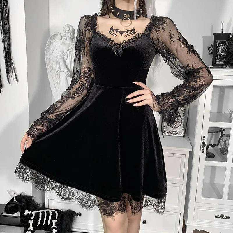 Y2K Hollow Cuffs Strapless Sexy Gothic Lace Dress Dark Style Pleated Knee-length Skirt Women‘s Slim Fit Fashion Women's Clothing