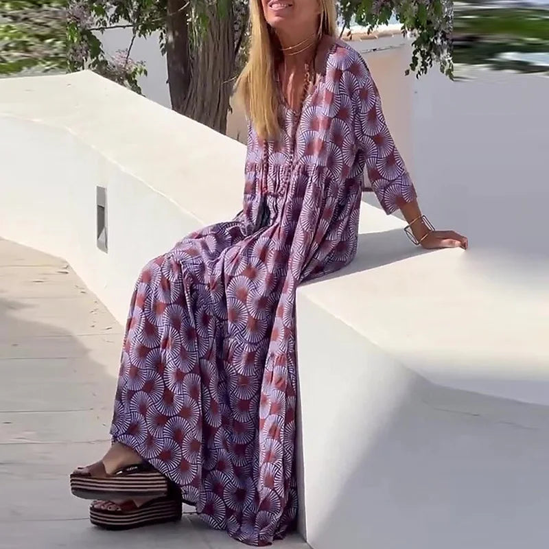 Office Women Seven Sleeve Casual 2025 Dress New Fashion High Waist Holiday Dresses 2025 Spring Summer V-neck Loose Robe Dress