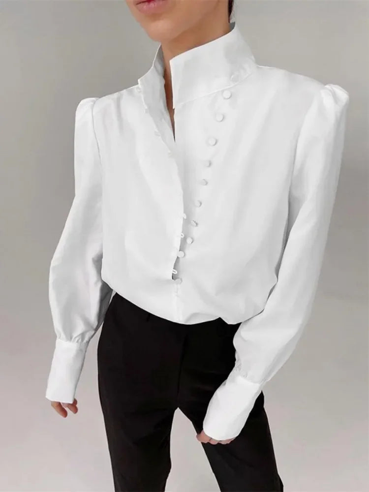 2025 New Chinese Style Shirt Top Solid Color Stand Collar Long Sleeve Loose Fit T-shirt Commuter Female Buttoned Blouse