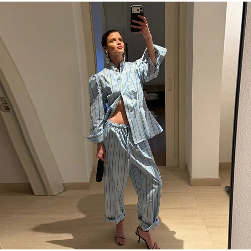Blue Striped Puff Shoulder Shirt And Pants Set For Women