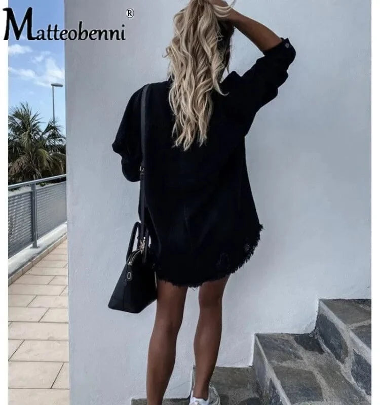 2024 Fall New Women's Long Sleeve Denim Shirt Fashion Ripped Mid-length Jeans Buttons Shirt Tops Boyfriend Loose Shirts