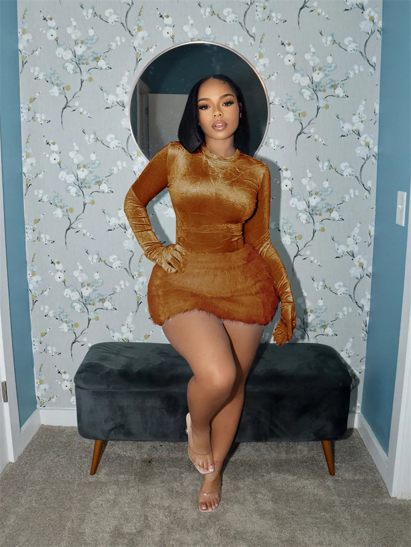 Velvet Long Sleeve Solid Gloves Sexy Bodysuit Furry Skirt 2 Piece Sets Fall Winter Women Elegant Outfit Party Birthday