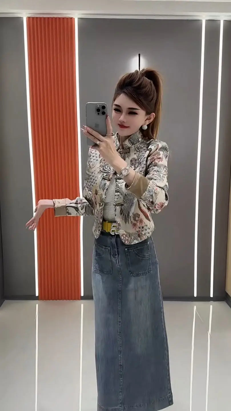 Women Print Coat 2025 Spring New Retro Chinese Printed Splicing Plate Buckle Stand Collar Long Sleeve Short Jacket Women