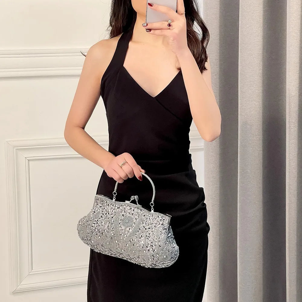 Fashion Glitter Clip Evening Purse Bead Embroidery Clutch Crossbody Bag Women Banquet Bridesmaid Wedding Party Tote Shoulder