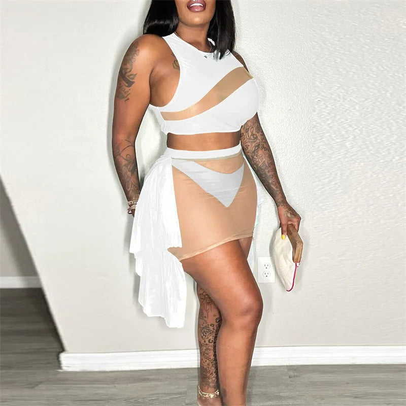 Sexy Mesh See-through Patchwork 2 Piece Sets Women Outfit Festival Clothing Tank Crop Top and Mini Skirt Set Night Club Outfits