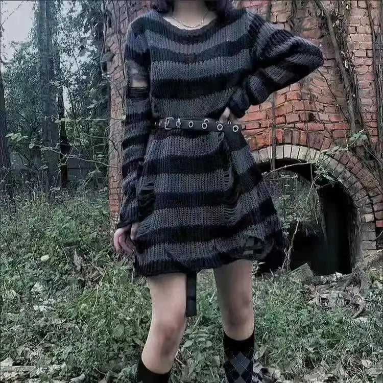 Karrram Punk Gothic Sweater Emo Tops E-girls Mall Goth Pullovers Y2k Harajuku Grunge Clothes Alt Dark Aesthetic Striped Jumpers