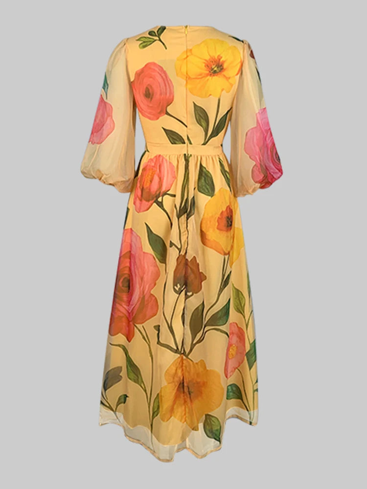 Gymystars Woman Beach Dress Elegant Party Dresses Summer Fashion Puff Sleeves Flower Print See-Through Chiffon Bohemian Dress
