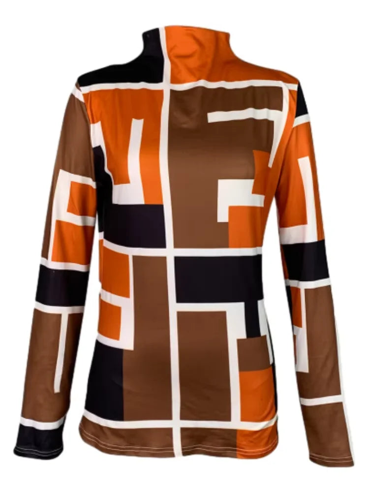 Pullover High Neck T-Shirts Tops Geometric Printed Long Sleeves Skinny Simple Fashion Autumn Winter famale clothing
