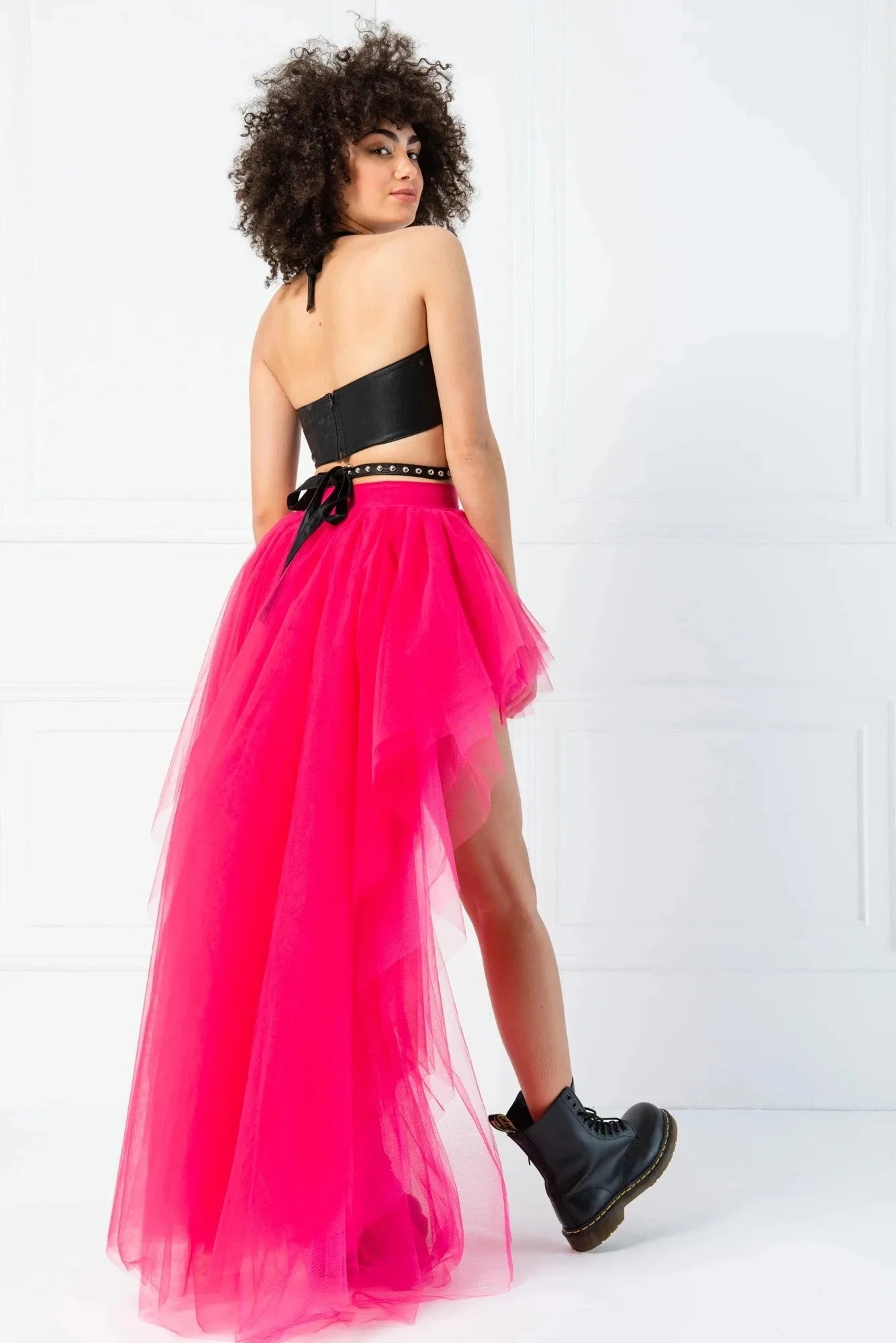 MisShow Hi-Lo Tulle Petticoat Women's Long Four Layer Puffy Skirt Fuchsia Tutu Skirts Adult Junpon Goth For Party Cocktail