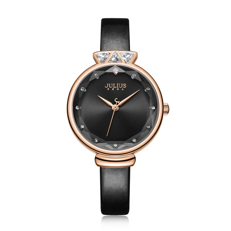 Aquarius CZ Julius Lady Women's Watch Japan Quartz Fashion Rhinestones Hours Bracelet Real Leather Girl's Gift Box