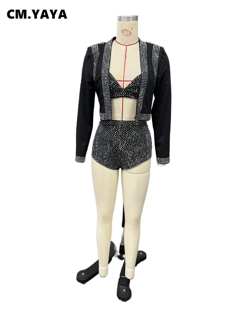 CM.YAYA Diamonds Hot Rhinestones Sexy Party Women's Set Open Stitch Blazer Top + Bra and Shorts 2025 Two 2 Piece Sets Outfits