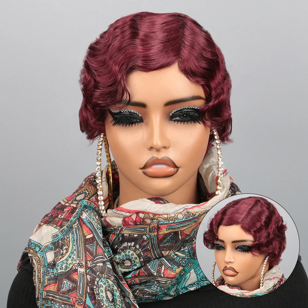 180% Density Glueless Brazilian Ocean Wave Human Hair Wig Burgundy 99J Colored Short Pixie Cut Loose Curly Finger Wave Style