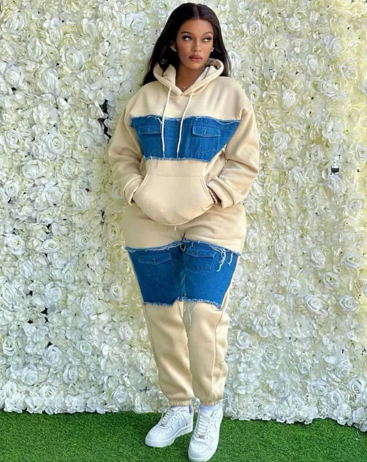 Pants Set Women Two Piece Sets Hooded Matching Sets Sweatshirts Long Pants High Waist Denim Splice Y2k Casual Jogger 2025