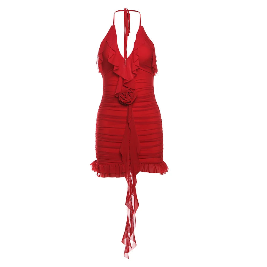 Sylcue Spring New Sweet Gentle Red Sexy Confident High Street Mature Beautiful Cool Women'S Short Ruffled Halter Dress