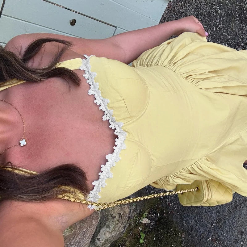 Lace Patchwork Off Shoulder Pleated Club Party Dress Sexy Women's Chest Wrap High Waist Short Dresses Summer Small Yellow Dress