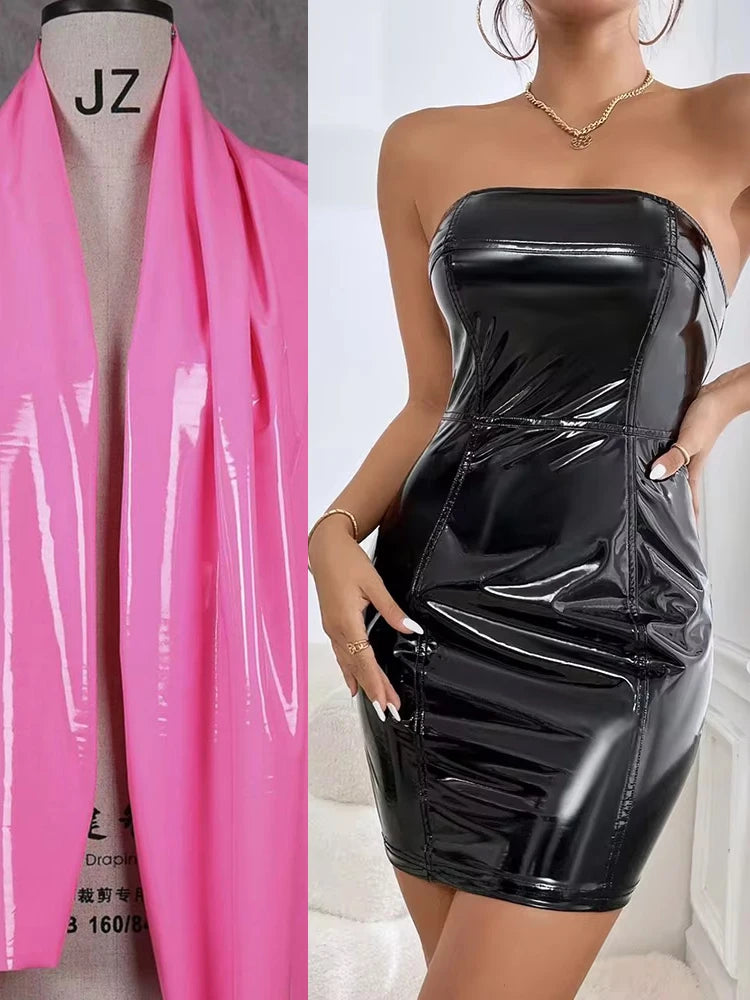 Vintage Patchwork Faux Latex Strapless Bodycon Mini Dress for Women