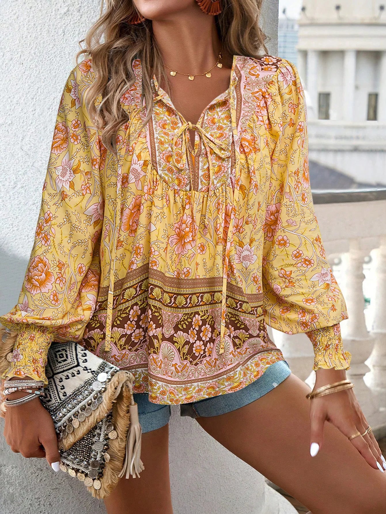 2025 Spring Summer Printed Shirt Women Elegant Chiffon V-neck Long-sleeve Top