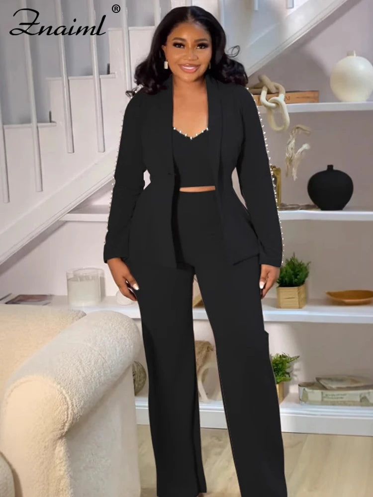 Znaiml Elegant Office Lady Pearl Patchwork 3 Pieces Set Woman‘s Long Sleeves Coat + Vest + Straight Pants Work Matching Outfits