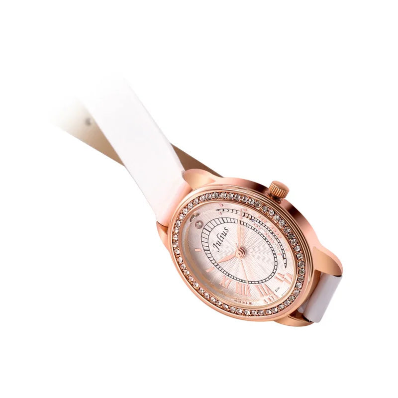 Small Oval Rhinestones Julius Lady Women's Watch Japan Quartz Elegant Fashion Hours Bracelet Leather Girl's Gift Box