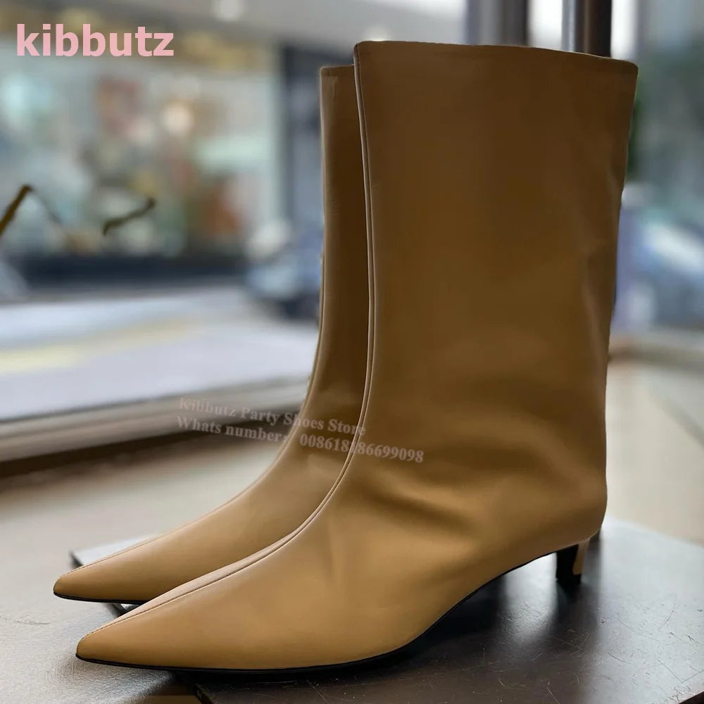 Novelty Leather Mid Calf Boots Chelsea Pointed Toe Kitten Heel Wide Mouth Sleeve Slip-On Solid Color Fashion Sexy Elegant Women