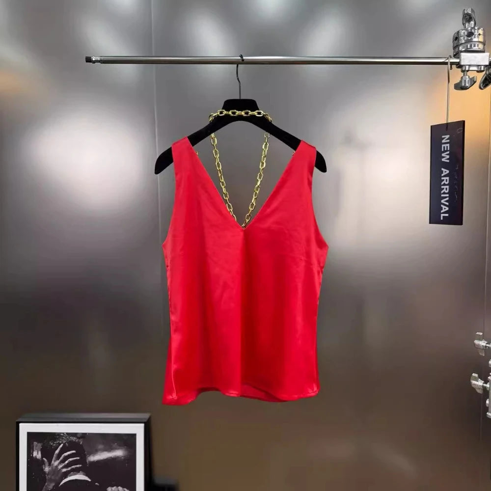 VGH Solid Color Spliced Metal Chain Basics Vest for Women V Neck Sleeveless American Streerwear Tank Tops Female Fashion Style
