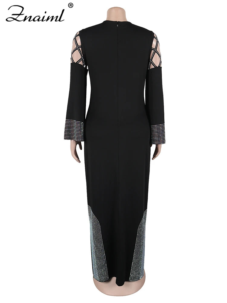 Znaiml Elegant Festival Indie Folk Diamonds Patchwork Hollow Out Long Sleeve Dress Women O-neck Evening African Vacation Vestido