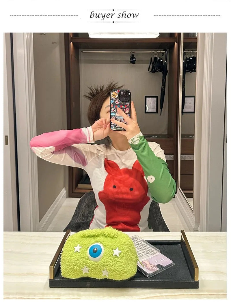 Karrram Y2k Aesthetics Mesh Tops Japanese Harajuku Cartoon Print T-shirt 2000s Vintage Cute T Shirt Korean Style Dopamine Tops