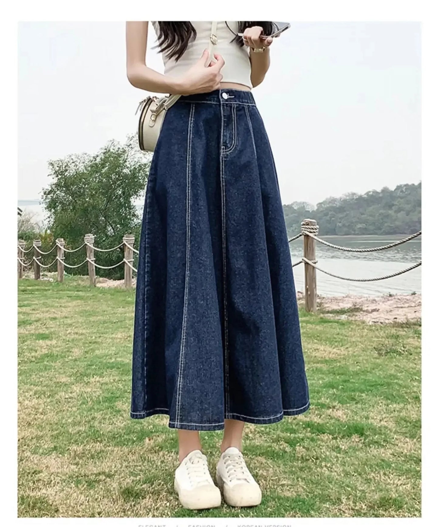 Fashionable Spring Medium-Length High-Waisted Jeans Long Dress Women's Elastic Waist A- Line Skirt Umbrella Skirt