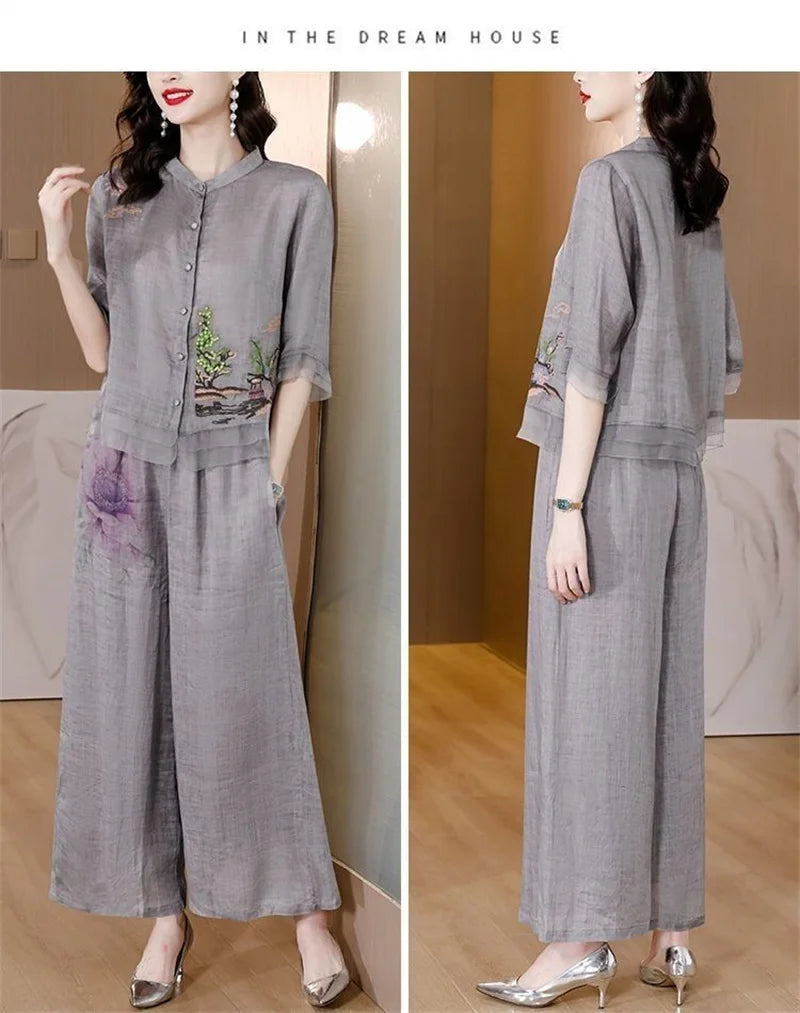 Grey Summer Art Embroidery Chinese Style Set Linen Western Style Summer Wide Leg Pants Casual Fashion Two piece Cotton Set XXXL