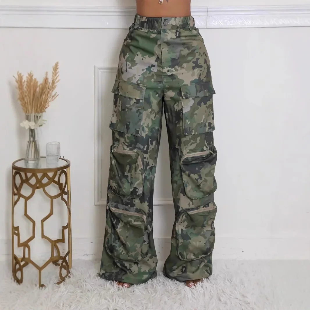 FAGADOER Fashion Camouflage Straight Pants Women Buttons High Waist Cargo Pocket Patchwork Wide Leg Trousers Y2K Streetwear New