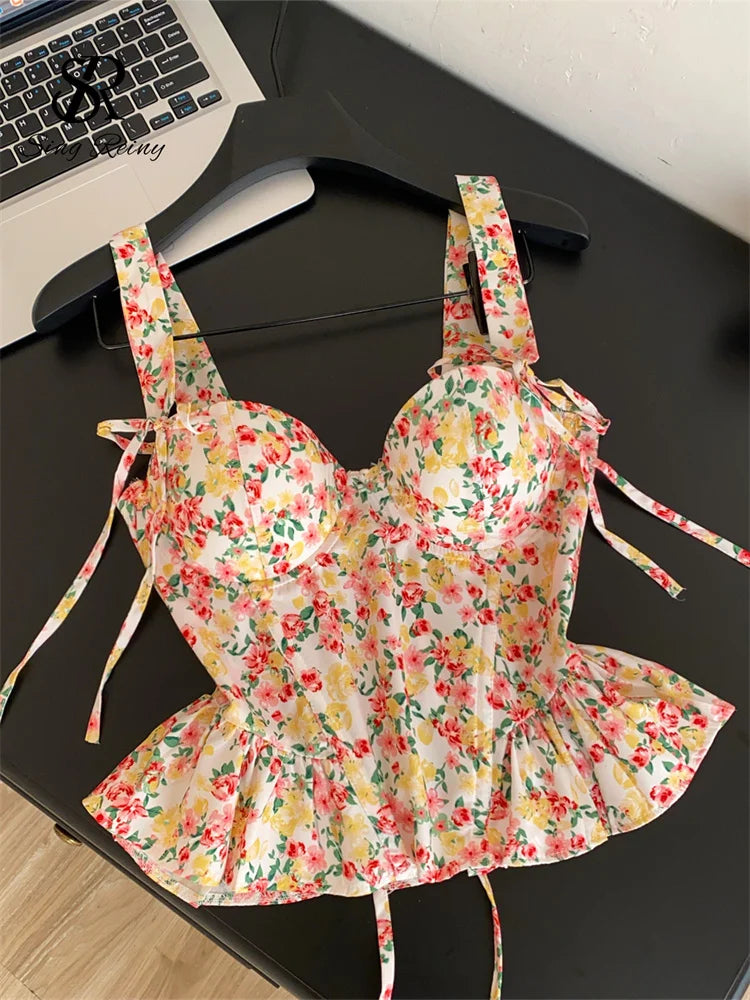 Summer Floral Lace-Up Corset Camisole Top for Women