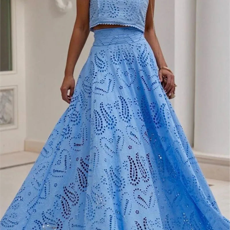 Women Hollow Out Sleeveless Embroidery Two-Piece Set 2025 O-Neck Blouse + Lace Pockets Skirt beach New Two Piece Set