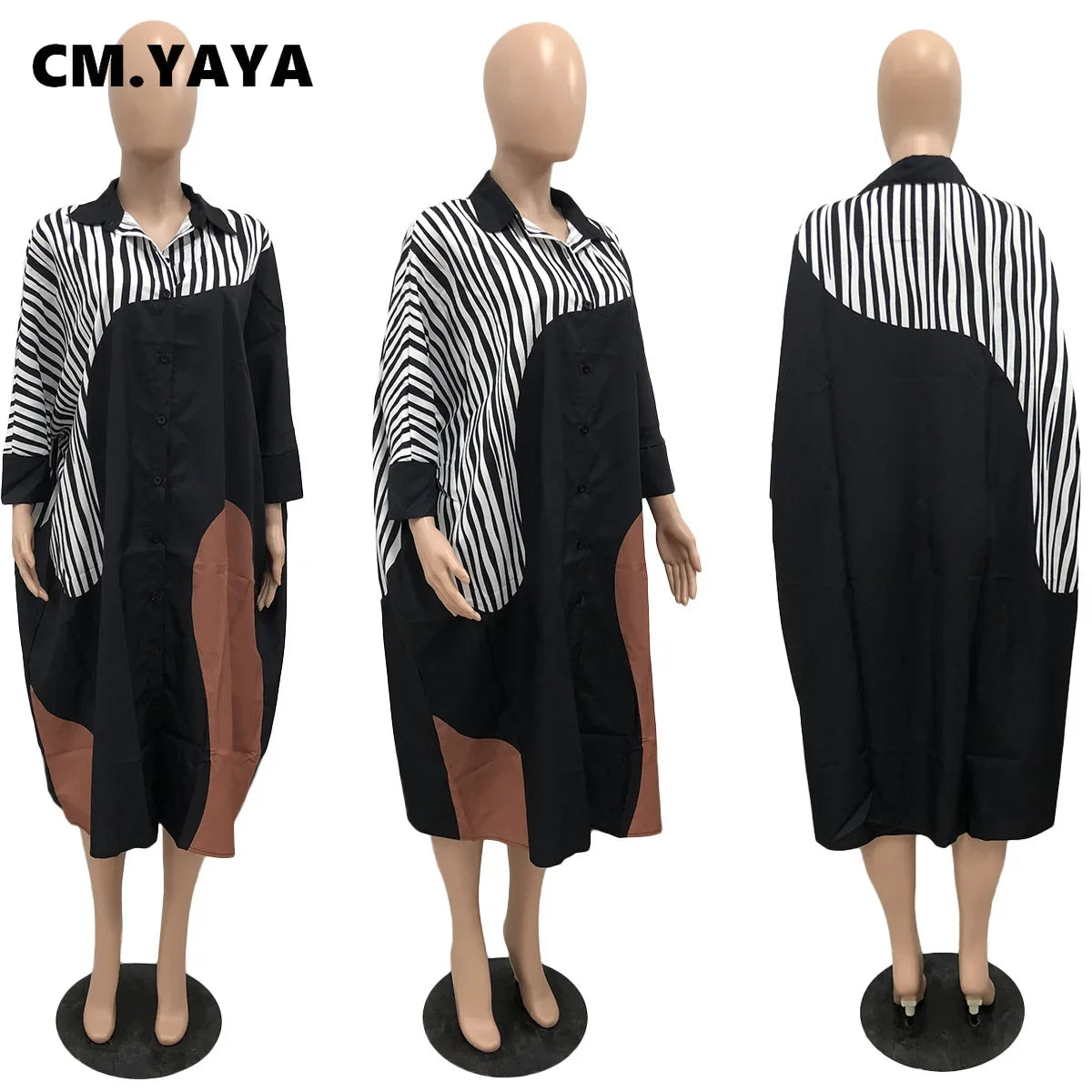 CM.YAYA Elegant Patchwork Women Long Sleeve Single Breasted Loose Shirt Dress Street Fashion Slim Striped Smock INS Dresses