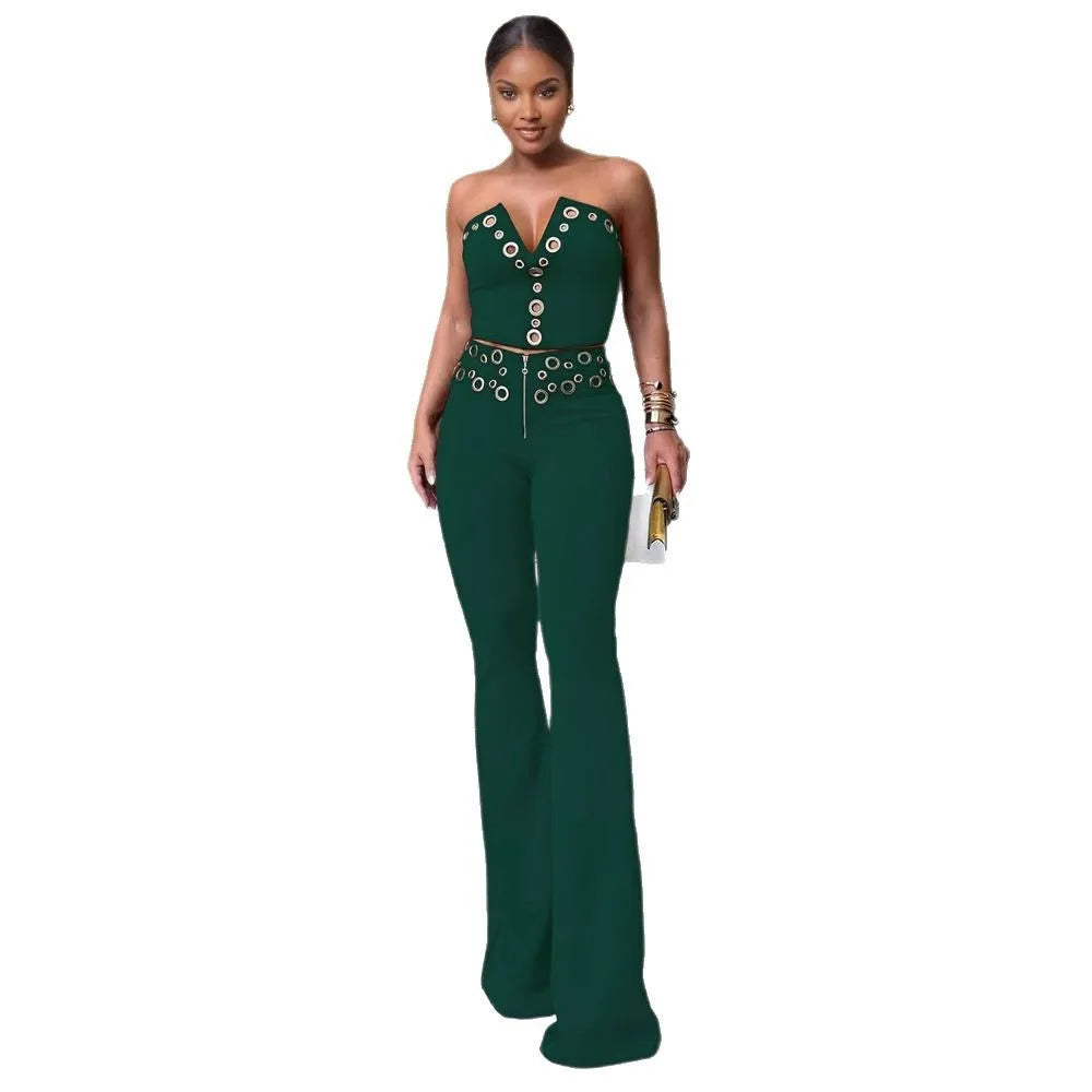 V Neck Top And Wide Leg Pants Set