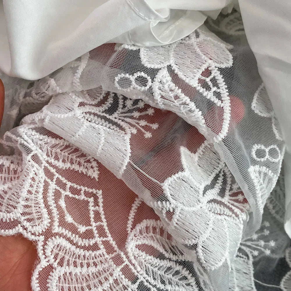 Vintage Elegant Lapel Single-Breasted White Embroidery Puff Sleeve A- Line Cake Dress Cross-Border Summer 2022