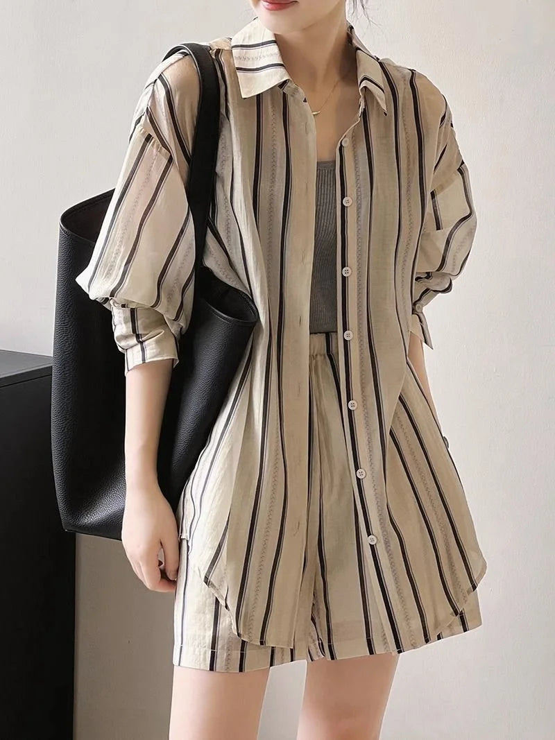 Striped Shirt Shorts And Suits Sun Protection cClothing Casual Sports Suit Women's Summer Fashion Shorts Two-Piece Set Female