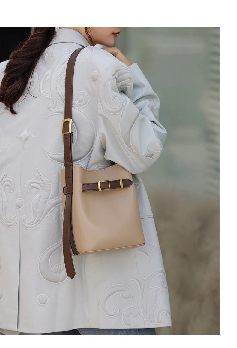 Cow Split Leather Bucket Bag Women Vintage messenger High Quality Simple Handbag Lady Shoulder Bag Luxury Female Crossbody Bags
