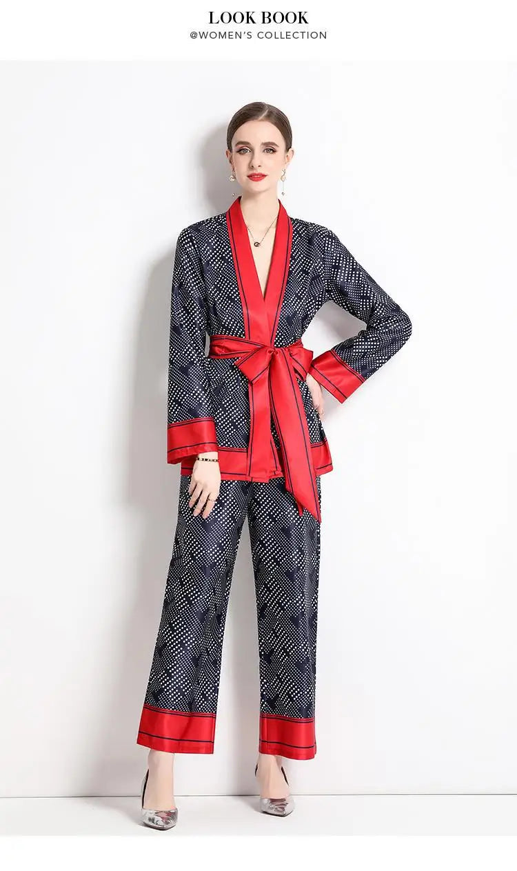 Women Contrast Dot Print V-Neck Loose Lace Up Top+Elastic Waist Wide Leg Pant Suit Autumn Fashion Kimono Cardigan Two Piece Set