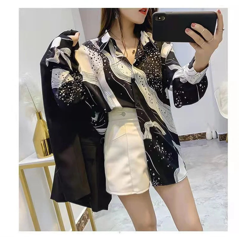 Shirt Women's Design Sense Niche Long-Sleeved Blousers 2025 Spring And Autumn Korean Retro Buttton Chiffon Shirt Top Printed 102