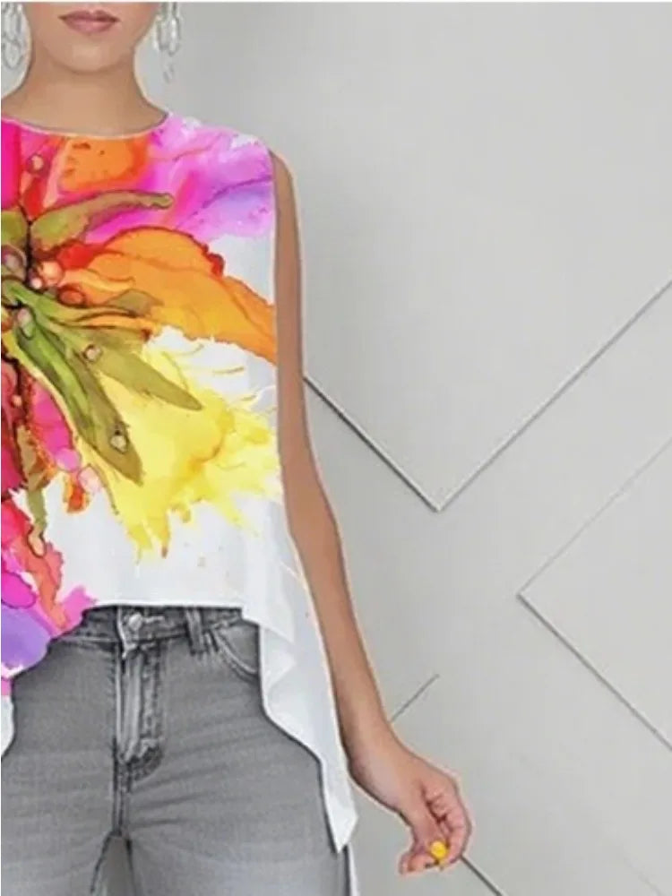 Beautyblue Women's High-Low Tops Flower Print Vest Top Fashion Casual Loose Sleeveless Round-Neck Elegant Blouses&Shirts Female