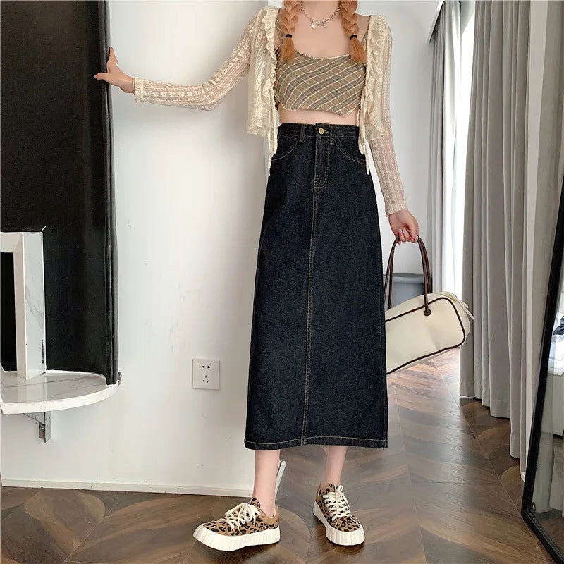 New 2022 Spring-Autumn Medium-Length Denim Skirt For Women High-Waisted Slimming Plus Size Curvy Girls A- Line Hip Covering Skir