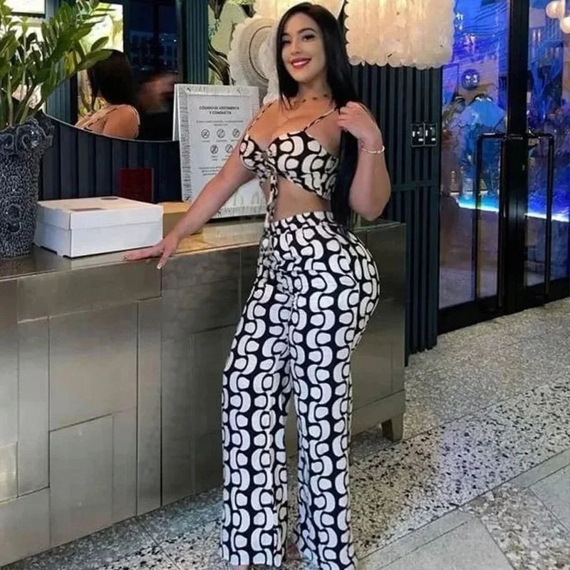 Black White Print 2 Piece Outfit Set Women Clubwear Hollow Out Spaghetti Strap Lace-up Crop Top and Wide Leg Pants Matching Sets