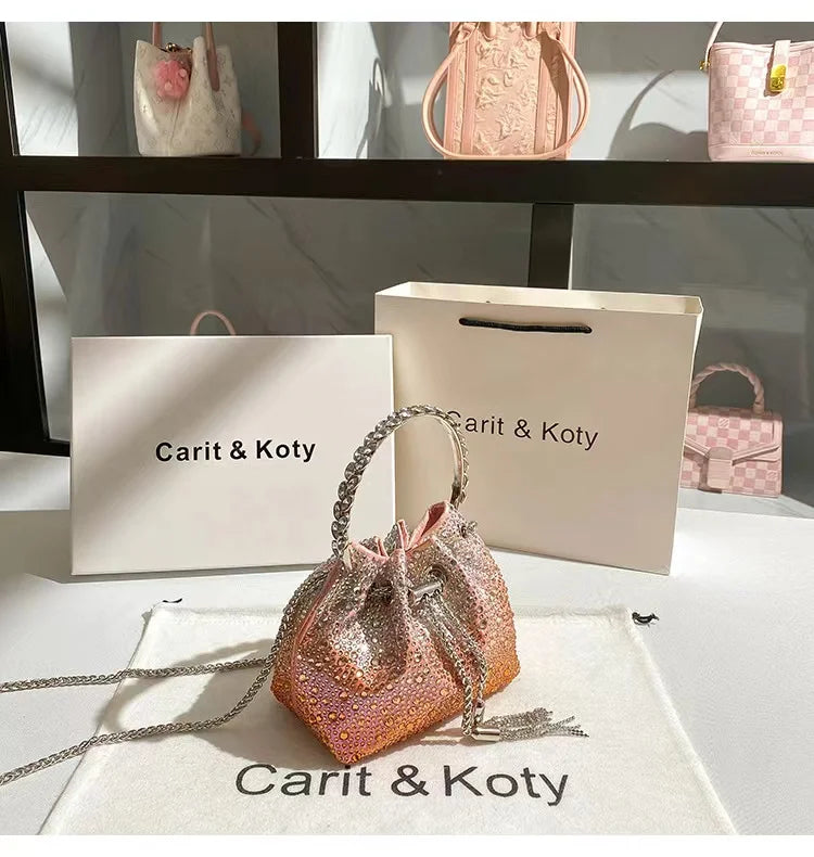 Crystal Shiny Diamonds Bucket Bag Fashion Women Handbag Metal Ring Handle Evening Bag Wedding Party Clutch Purse Crossbody Bag