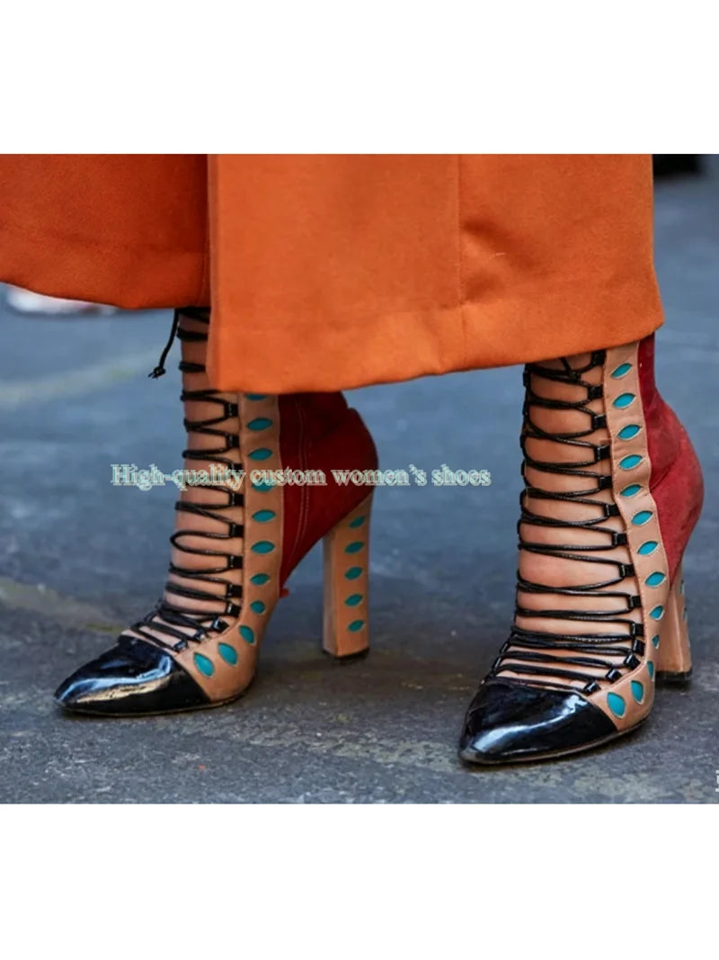 Retro Multicolor Hollow Out Chunky Heel Ankle Boots for Women