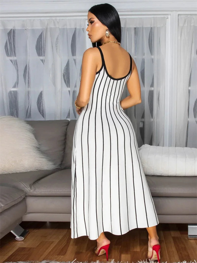 Summer Striped Printed A-line Maxi Dress for Woman Sleeveless Camisole V-neck Casual Club Party Long Dresses Sundress Vacation