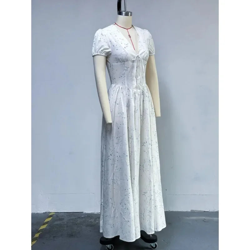 Women Short Sleeve Print V-neck Elegant Long Pleated Dress 2025 Sweet Holiday Beach Evening Sexy Party Dresses Vestidos