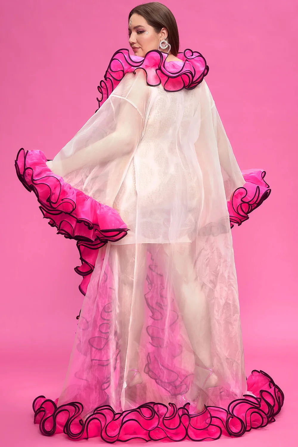 Plus Size Party Pink Autumn Winter Flare Long Sleeve Flounce Organza Cardigans