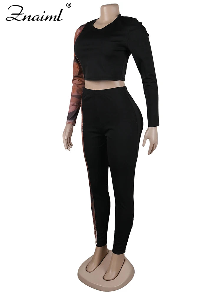 Znaiml Sexy Print Splicing Two Piece Sets Women O Neck Long Sleeve Crop Top and Pants Bodycon Matching Outfits Street Tracksuits