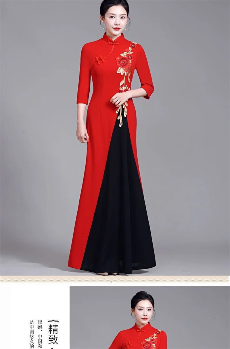 2025 Summer Women New Middle aged Elderly Dress Improved High end Non Ironing Show Elegant Slim And Long Embroide Red Dress 6XL