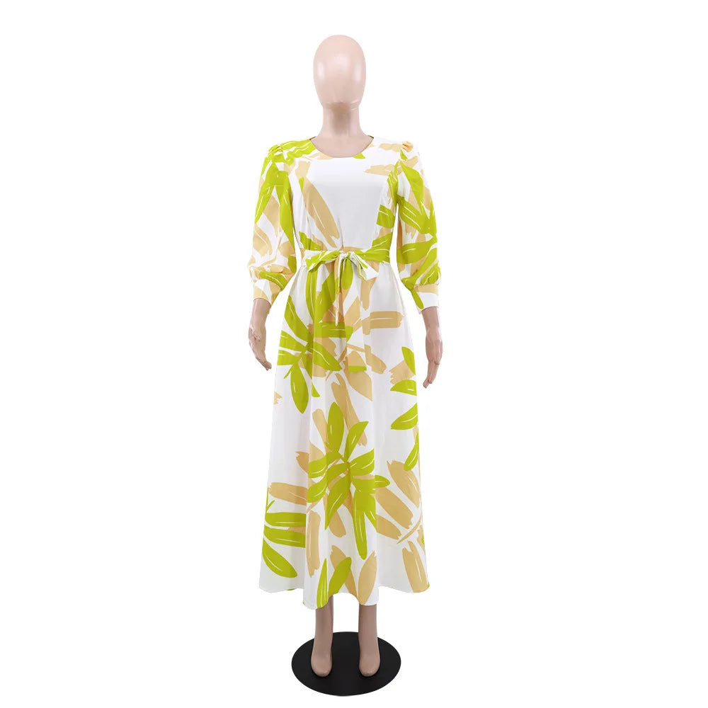 Summer Women's Printed Maxi Dress New Long Sleeve Waist Tie Sun Dresses Fashion Loose Women's Casual Dress 2024
